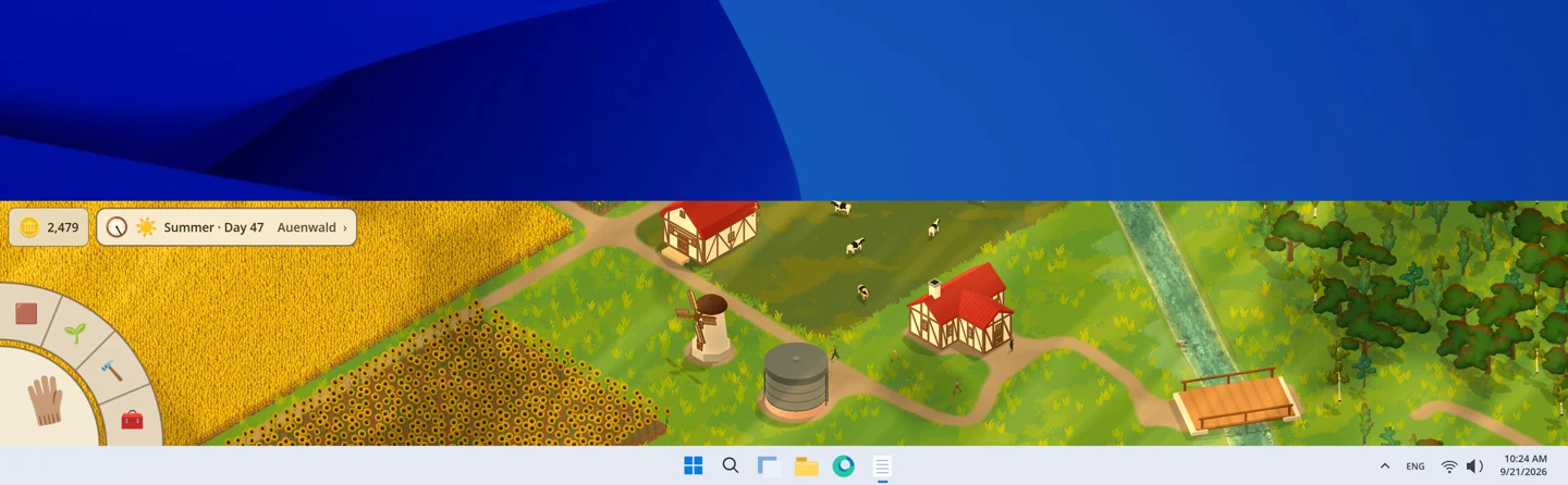 Tillow läuft als schmale Leiste am unteren Rand eines Windows-Desktops.